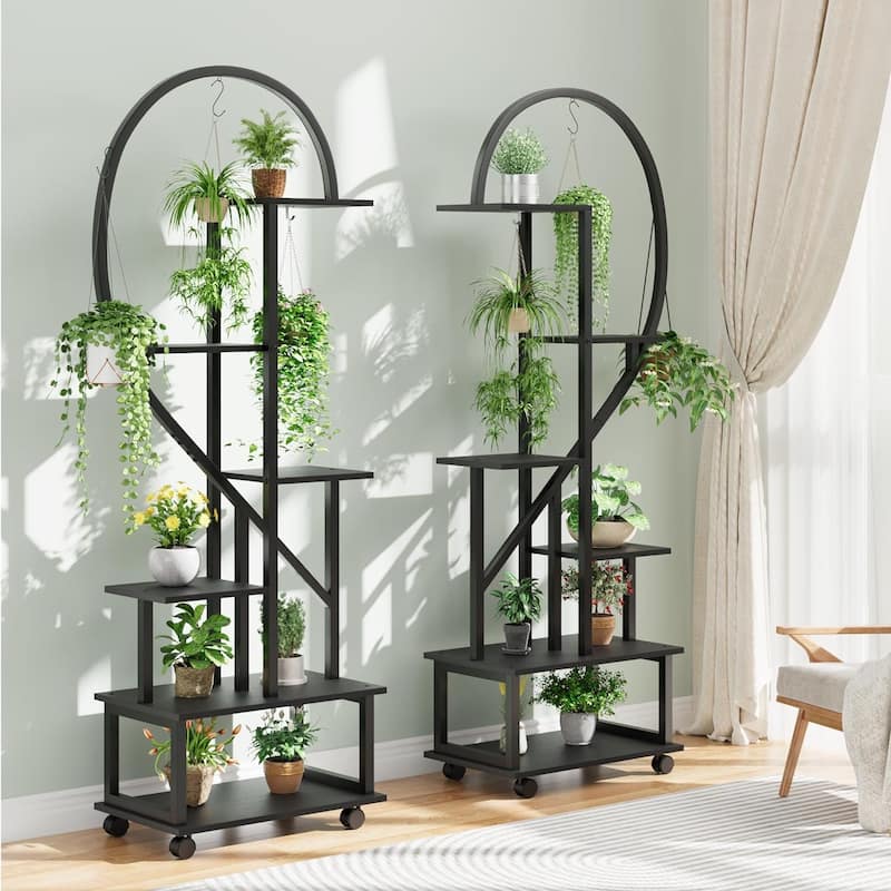 6 Tier Tall Plant Stand Metal Indoor Plant Stand with Detachable Wheels Half Heart Shape Plant Stands