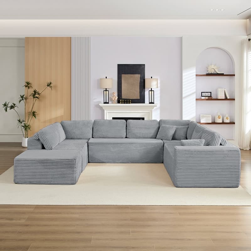 Corduroy 141'' Deep Seat Modular Sectional Sofa, Modern 8-Seater U-Shape Sofa Couch with Moveable Ottoman