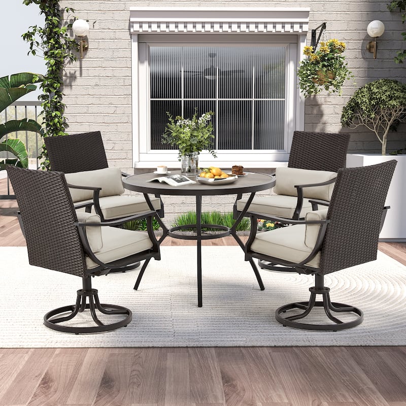 EROMMY Outdoor Dining Set, Swivel Rocking Chairs, Rectangular Table w Umbrella Hole, Patio Furniture Set for Backyard