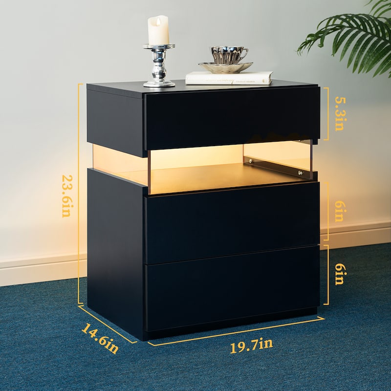 GDF Studio - Avalon Modern LED Nightstand with Three Drawers and 16-Color RGB Lighting