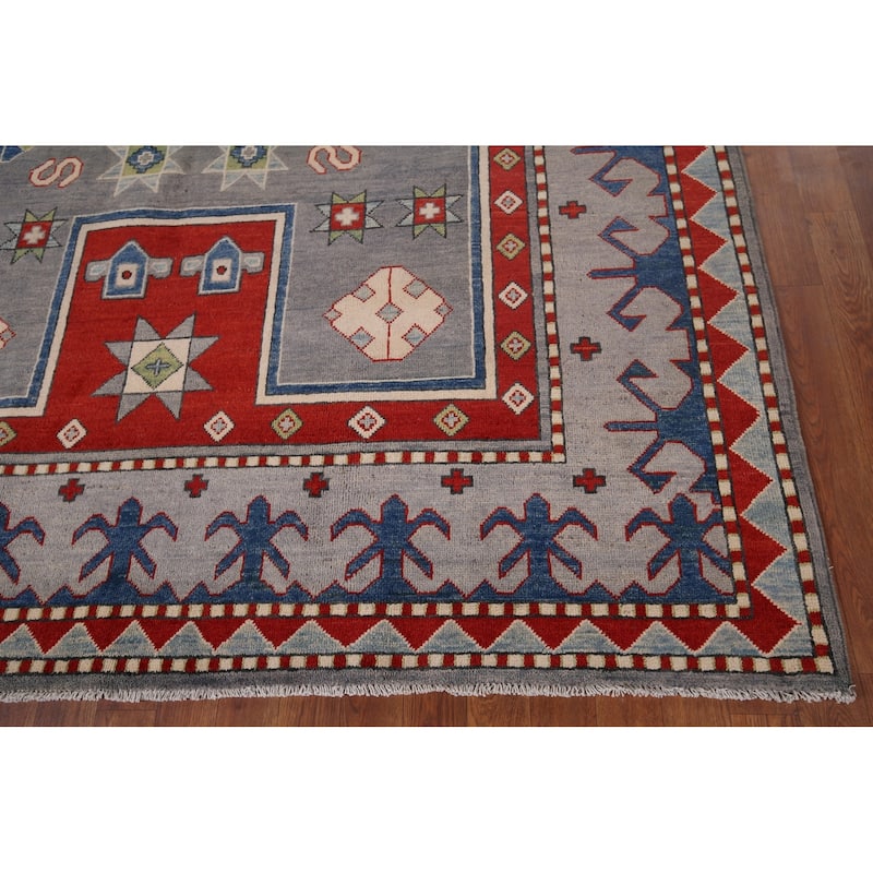 Gray Geometric Kazak Oriental Area Rug Hand-Knotted Wool Carpet - 6'7" x 10'2"