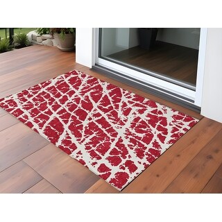 3' X 4' Red And Ivory Abstract Indoor Outdoor Area Rug 3' X 4' Red And Ivory Abstract Indoor Outdoor Area Rug