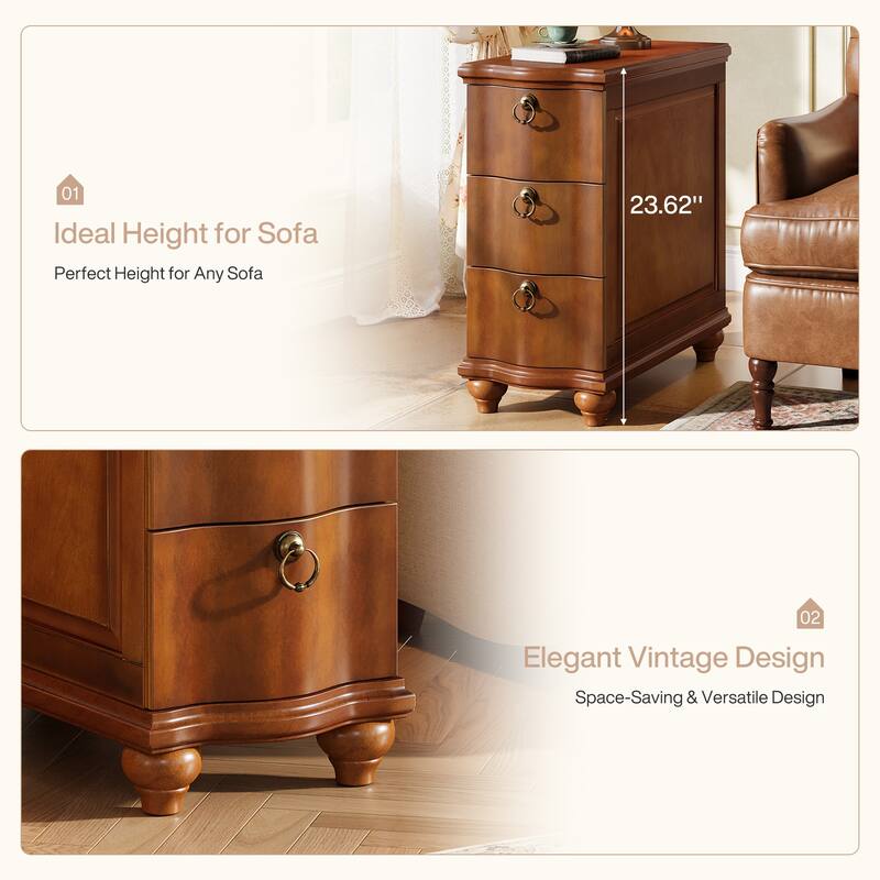 Wood Side Table with 3-Drawers, Fully Assembled End Table for Living Room, Tall Narrow Nightstand for Bedroom