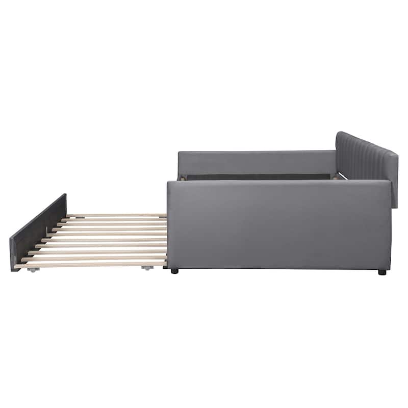 Full Size Upholstered daybed with Trundle and Wood Slat Support