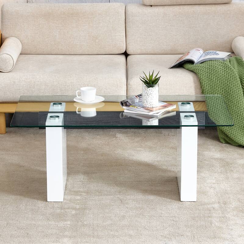 43.3" Modern Rectangular Coffee Table with MDF Decorative Columns and Thick Base Support