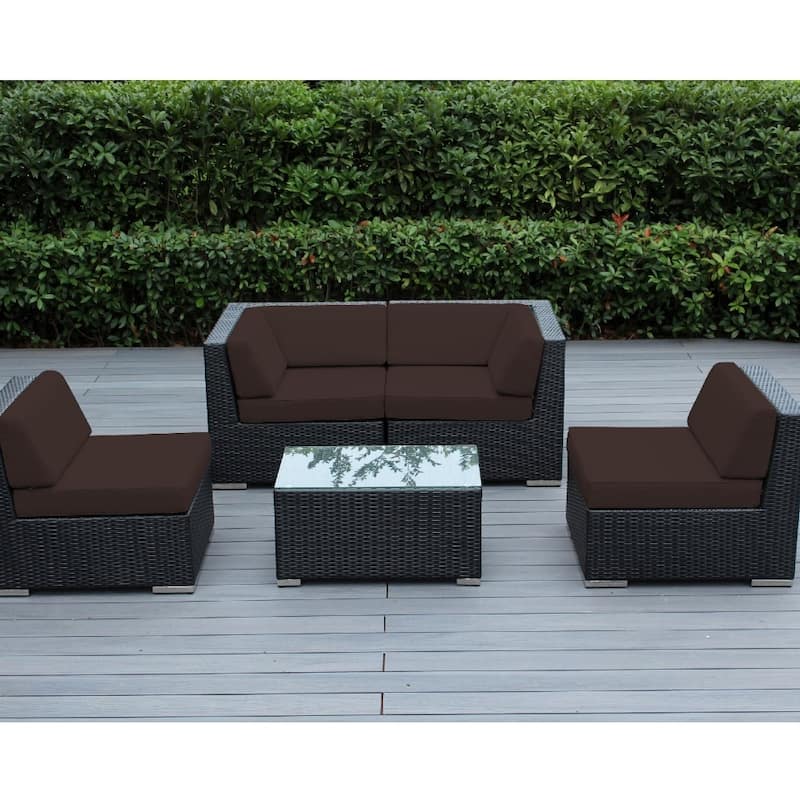 Ohana Outdoor Patio 5 Piece Black Wicker Sectional with Cushions - No Assembly