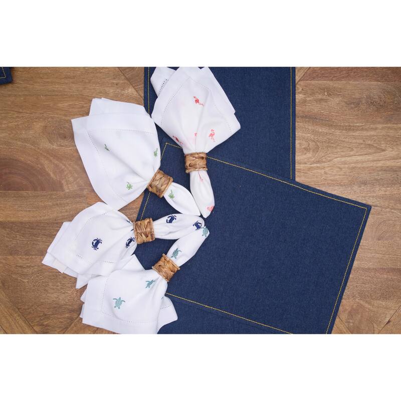20" x 20" Aqua Turtle Embroidered Machine Washable Hemstitch Napkins Set of 6 - Blue