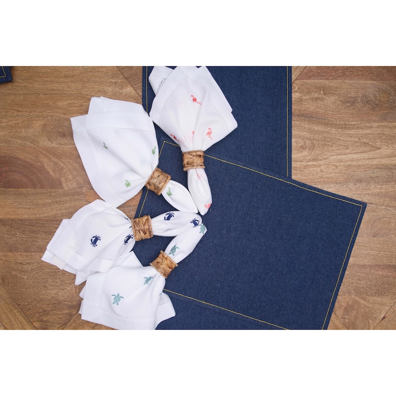 20" x 20" Green Palms Embroidered Machine Washable Hemstitch Napkins Set of 6 - White