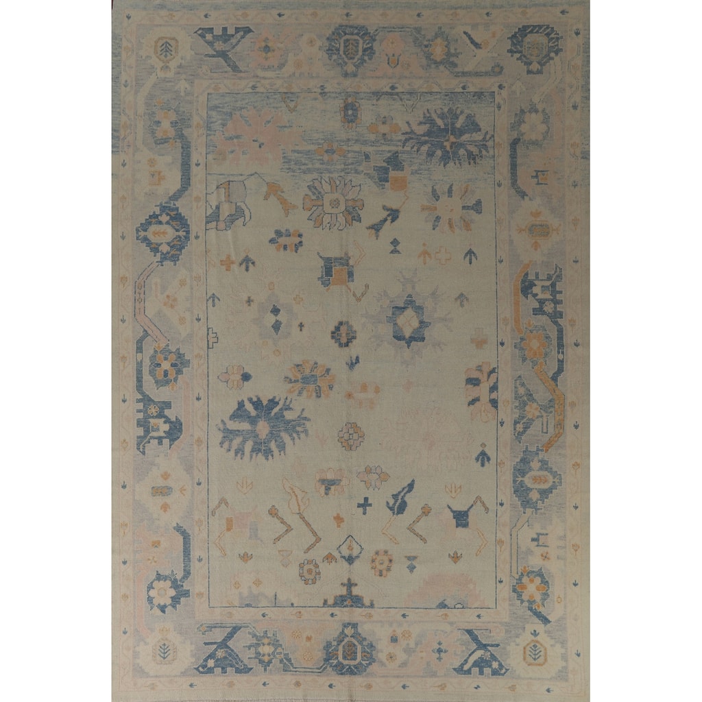 Hand Knotted Oriental 100% Wool Carpet Transitional All-Over Beige & Ivories Oushak Area Rug - 12' 8'' X 9' 6''