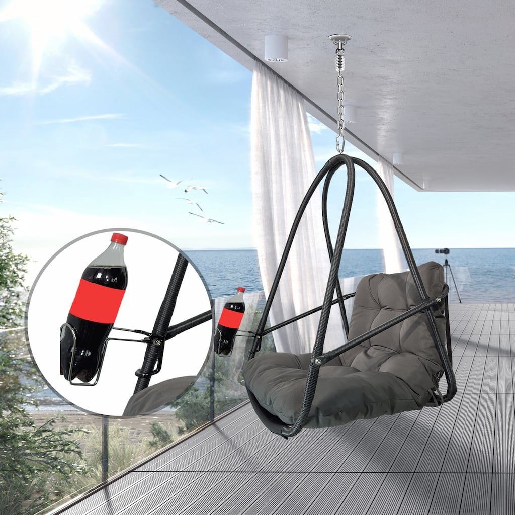 Indoor Outdoor Wicker Rattan Patio Basket Hanging Chair with C Type bracket