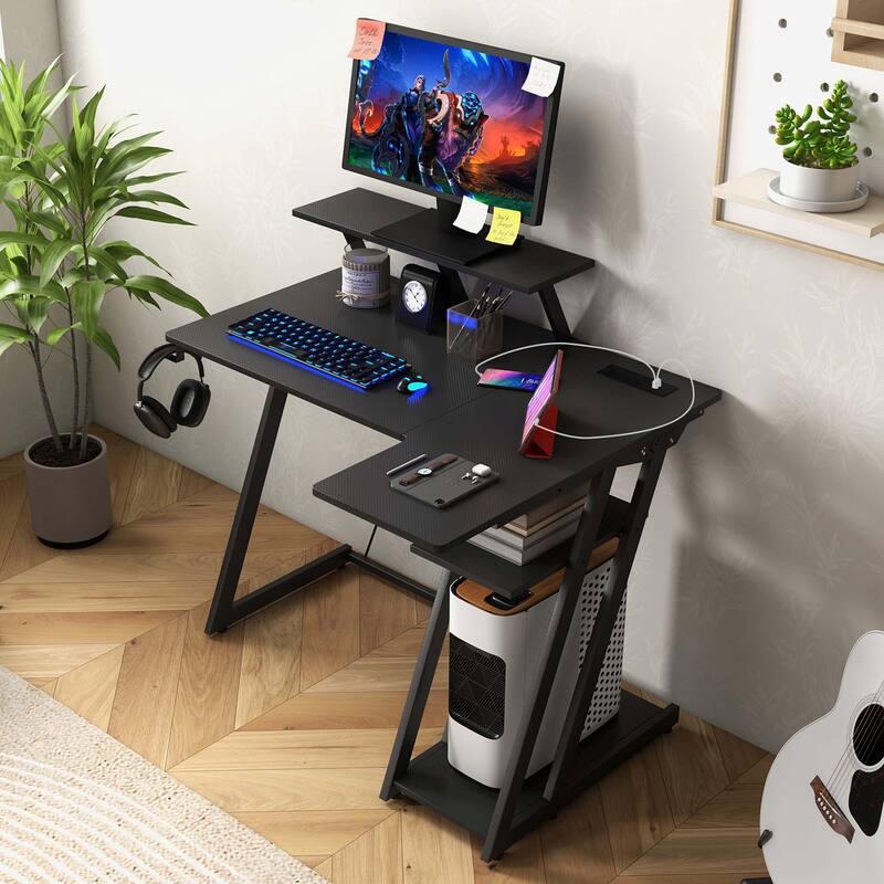 Costway L Shaped Gaming Desk with Outlets & USB Ports Monitor Shelf