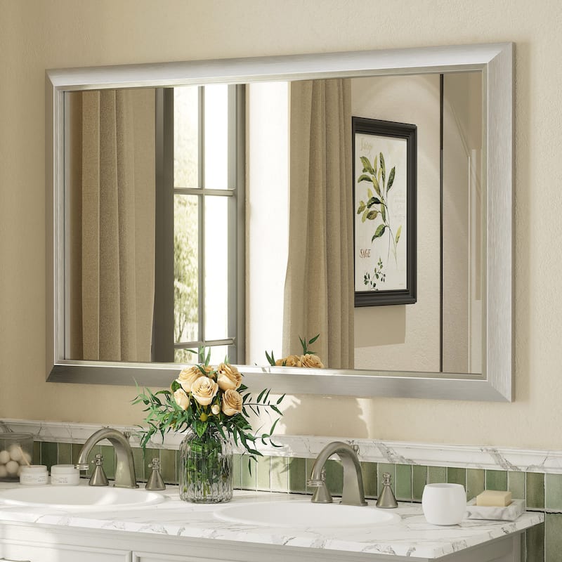Beveled Metal Rectangle Framed Bathroom Vanity Tempered Glass Mirrors - 48" x 30" - Silver