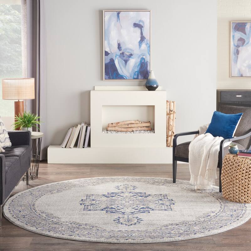 Nourison Tranquil Grey Navy Modern Persian Floral Medallion Area Rug
