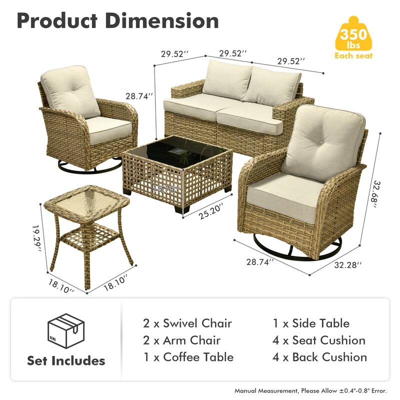 OVIOS 6 Pieces Wide Arm T shaped Seat Curved Swivel Chair Set With Solar-Powered Table