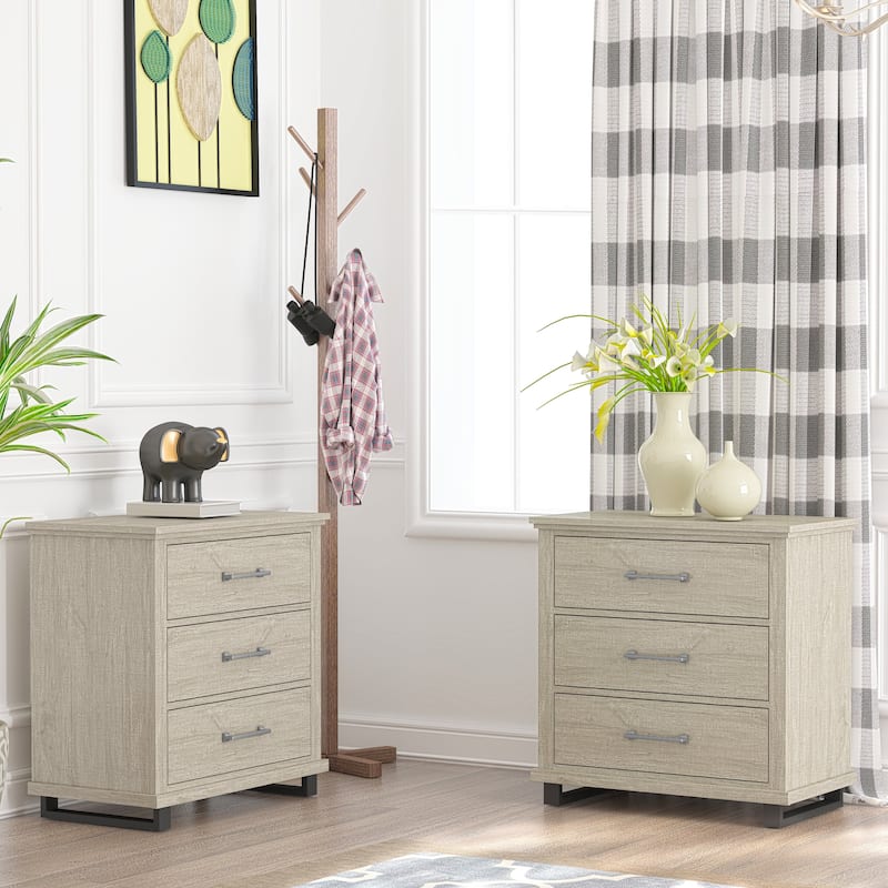 3-Drawer Nightstand with Elevated Metal Legs, Set of 2 - Beige