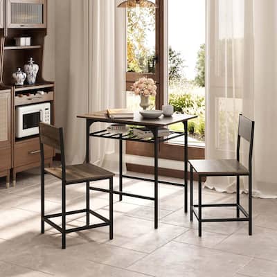 3PCS Dining Table Set Industrial Breakfast Nook Table Set w/ Wine Rack
