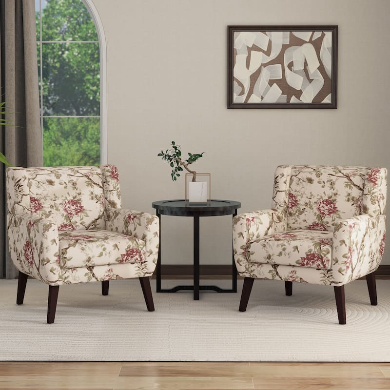 Set of 2 Modern Accent Chair Cotton Linen Upholstered Armchair for Living Room - Pattern - Pattern Floral