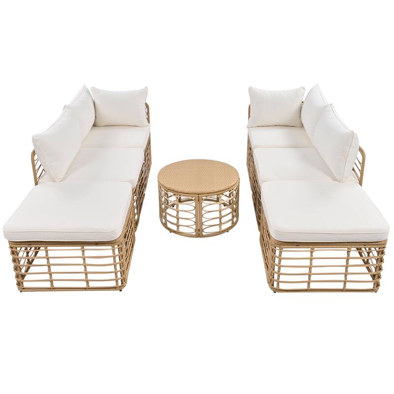 7 Pcs Outdoor Furniture Set, All-Weather Rattan Sectional Sofa Set with Thick Cushions and Pillows, Round Coffee Table
