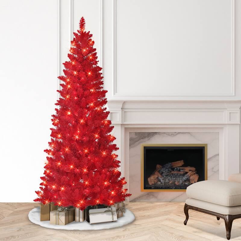 Puleo International 6.5 ft. Pre-lit Flocked Fashion Red Artificial Christmas Tree with 200 Warm White LED Lights - 6.5 Foot