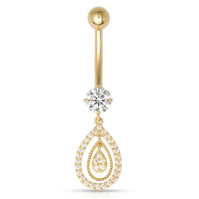 Curata Solid 10k Yellow Gold 14G Tear-drop Dangling Simulated Diamond CZ Belly Ring (10mm x 35mm)