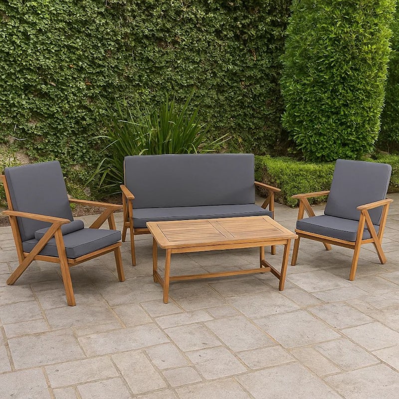 Namm 4pc Outdoor Table, Chairs, Loveseat Set, Brown Acacia Wood, Gray