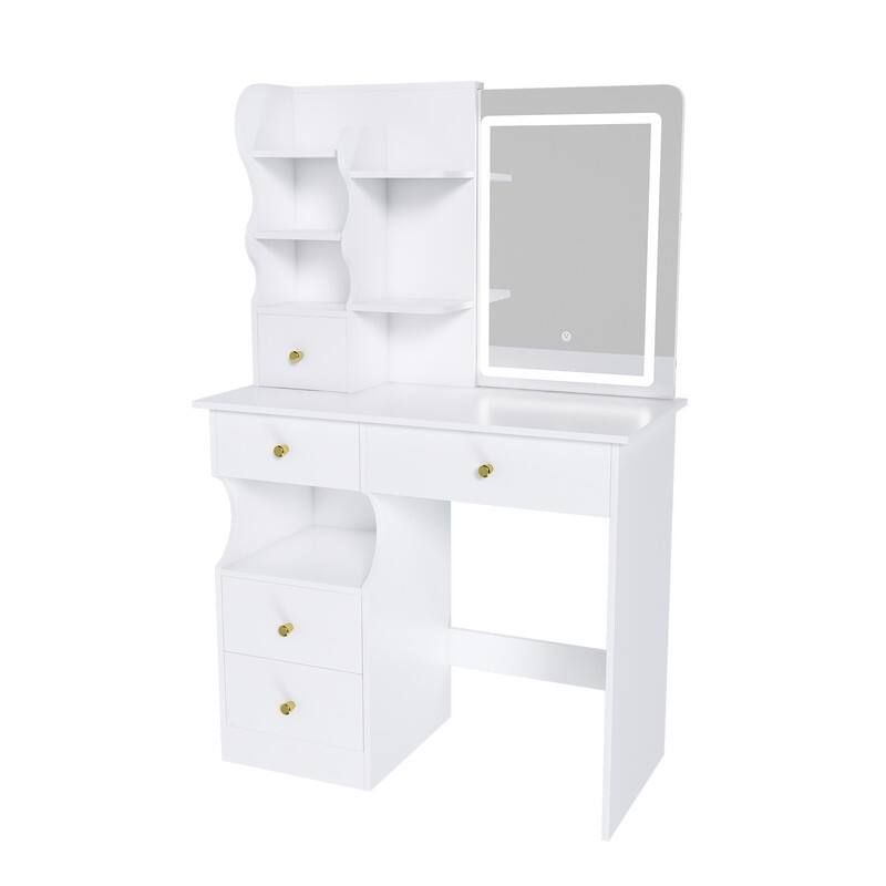 Vanity Desk with Sliding Mirror and Lights White Makeup Vanities with 5 Drawers ，movable and hidden mirror