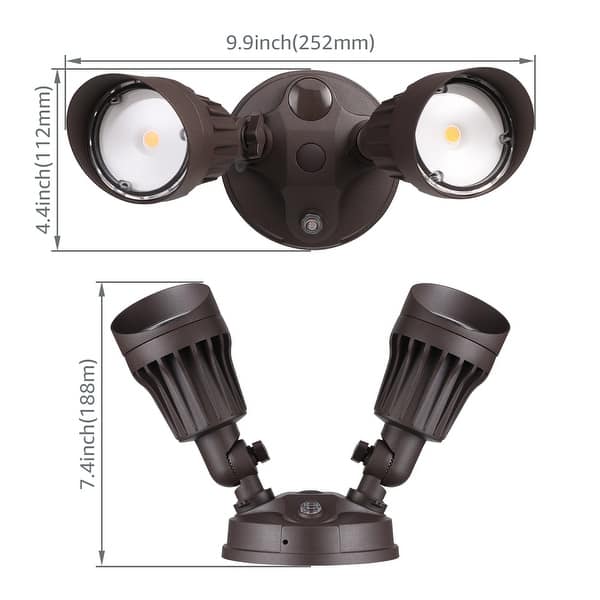 dimension image slide 1 of 4, 20W Dual-Head Dusk to Dawn Outdoor Security Light, White/Bronze
