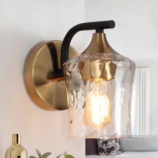 Modern 1-Light Black Gold Wall Sconce Lighting with Hammered Glass Shade - 4.7" L x 7" W x 7" H