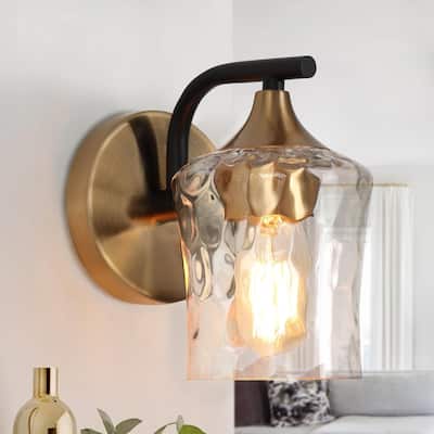 Modern 1-Light Black Gold Wall Sconce Lighting with Hammered Glass Shade - 4.7" L x 7" W x 7" H