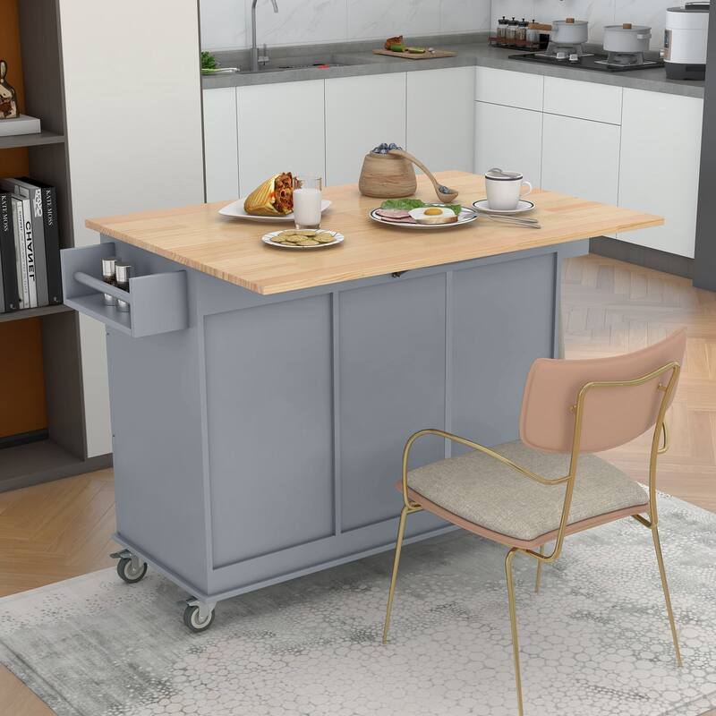 Multi-Functional Kitchen Island on Wheels with Expandable Drop Leaf, Large Storage & Sturdy Wood Surface