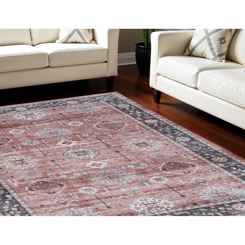 Power Loomed Distressed Floral Traditional Non Skid Stain Resistant Low Pile Area Rug - 118' X '94' X '0.25 - 118' X '94' X '0.25 - Black - Rectangle