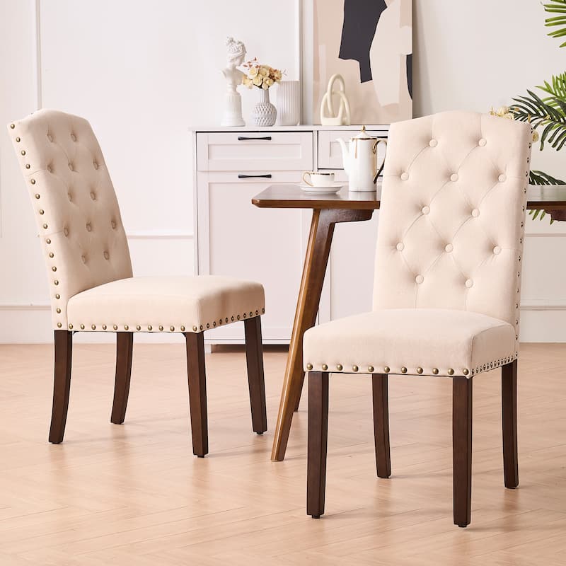 Fabric Upholstered Tufted High Back Dining Chairs with Nailhead Trim