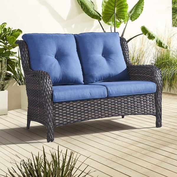 slide 2 of 60, Gymojoy Outdoor High-back Wicker Loveseat Sofa For Home Garden Brown Wicker / Blue Cusion