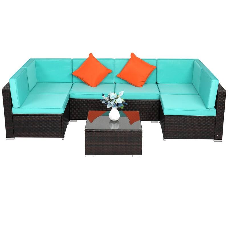7-Piece Outdoor Rattan Wicker Sectional Sofa Furniture Set with Cushion - Lake Blue Cushion