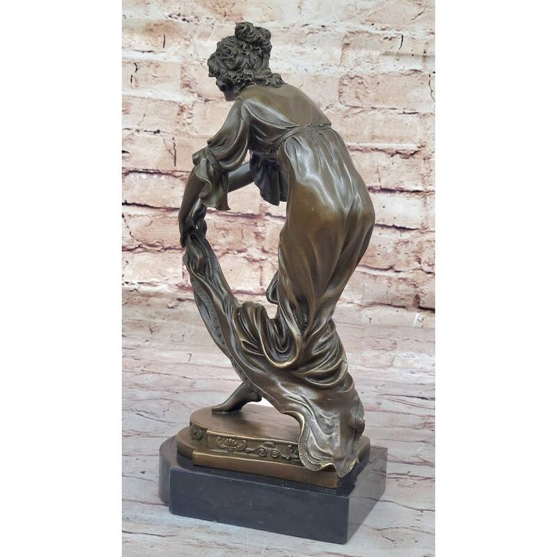 Female Figure Young Woman Holding Shawl - Bronze Metal Sculpture On Marble Base