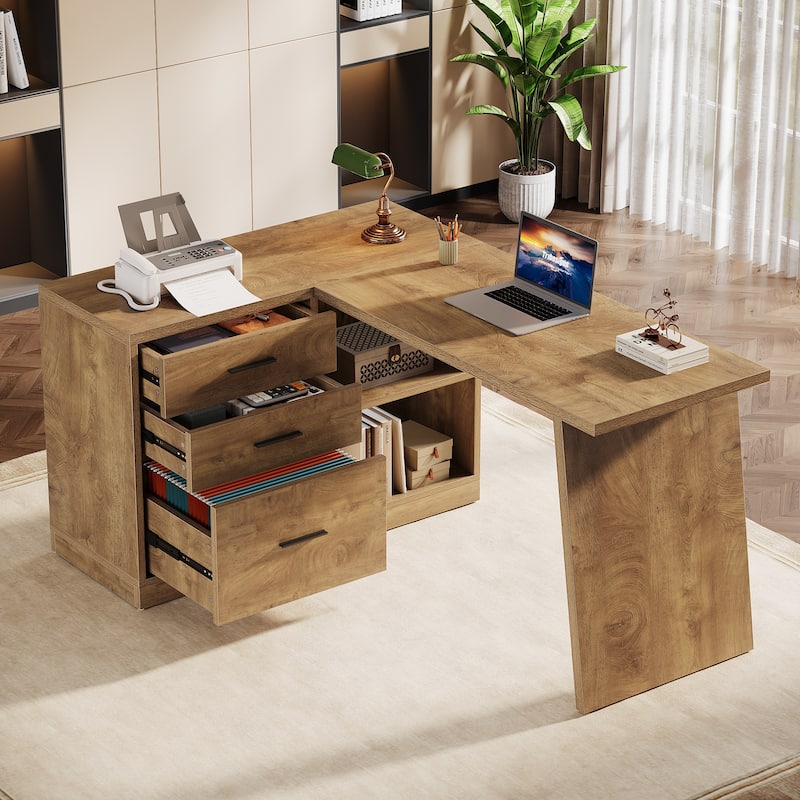 Industrial L-Shaped Computer Desk with File Cabinet for Home Office