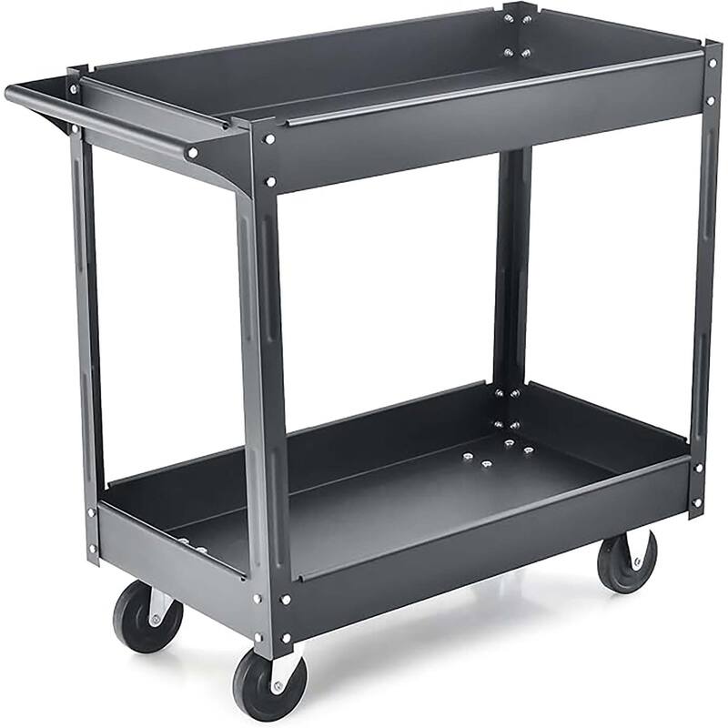 2-Tier Utility Cart Metal Rolling Tool Storage Organizer w/ Handle - Black