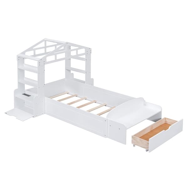 slide 2 of 26, Twin Wooden Low Platform Bedframe w/ Shelves, Socket & Bench at The Foot White - Twin