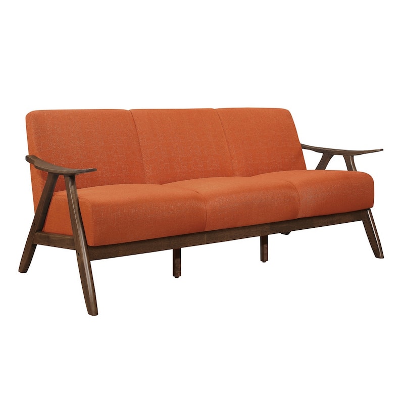 Indy 73 Inch Sofa, Brown Wood Angled Frame, Cozy Textured Orange Fabric