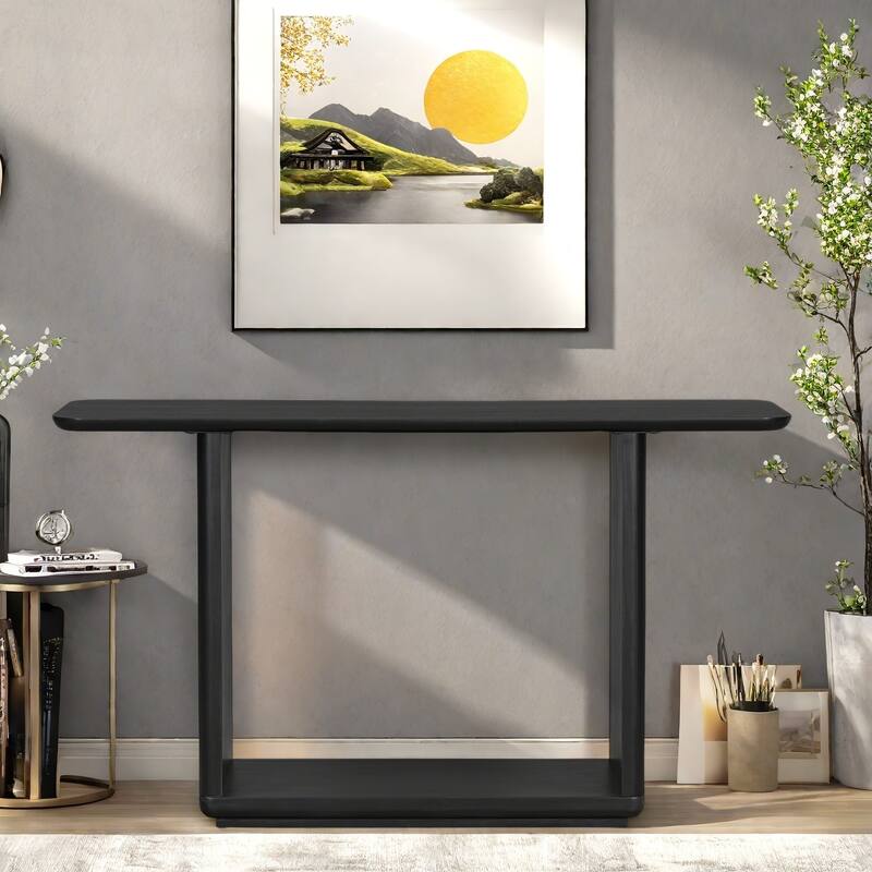 59.8" MDF Console Table with U-Shaped Base and Acacia Veneer for Living Room - Black