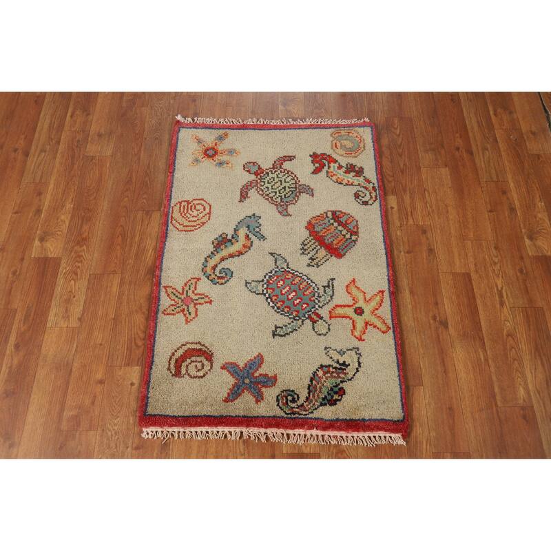Hand Knotted Oriental 100% Wool Carpet Traditional Floral Beige & Ivories Art Deco Area Rug - 3' 0'' X 2' 0''