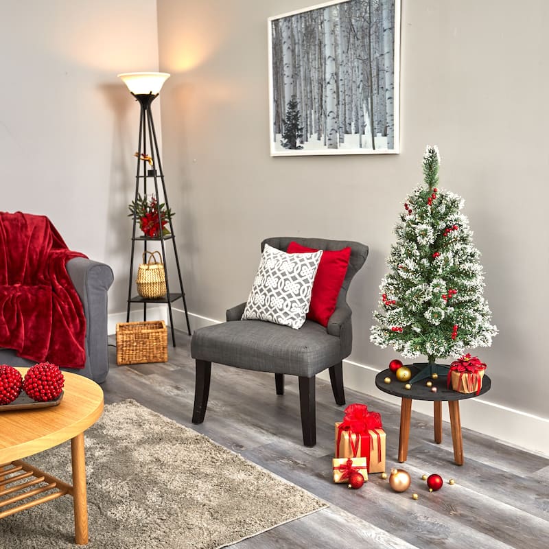 3’ Pre-Lit Medium Frosted Swiss Pine with Berries Christmas Tree, Warm Clear LED Lights - 3 Foot