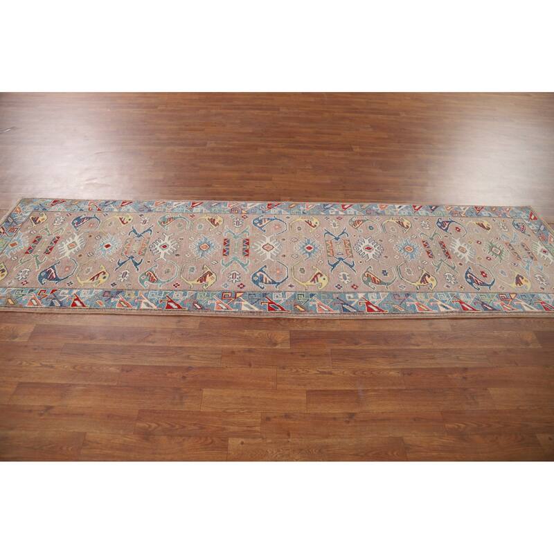 Geometric Kazak Oriental Runner Rug Handmade Red Wool Carpet - 2'7" x 9'7"