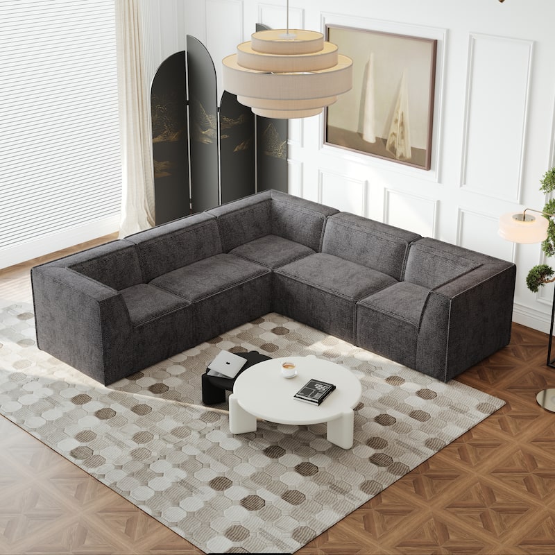 L Shape Sectional Sofa 5pc Loveseat Sofa Chenille Modular Sleep Couch Bed for Livingroom Recliner Sofa Floor Upholstered Daybed