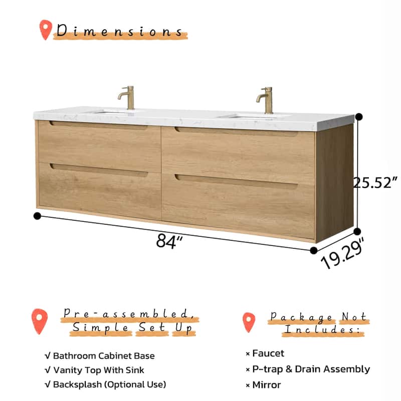 Prismis 60" 72" 84" Wall-Mount Premium Bathroom Vanity with Quartz Top