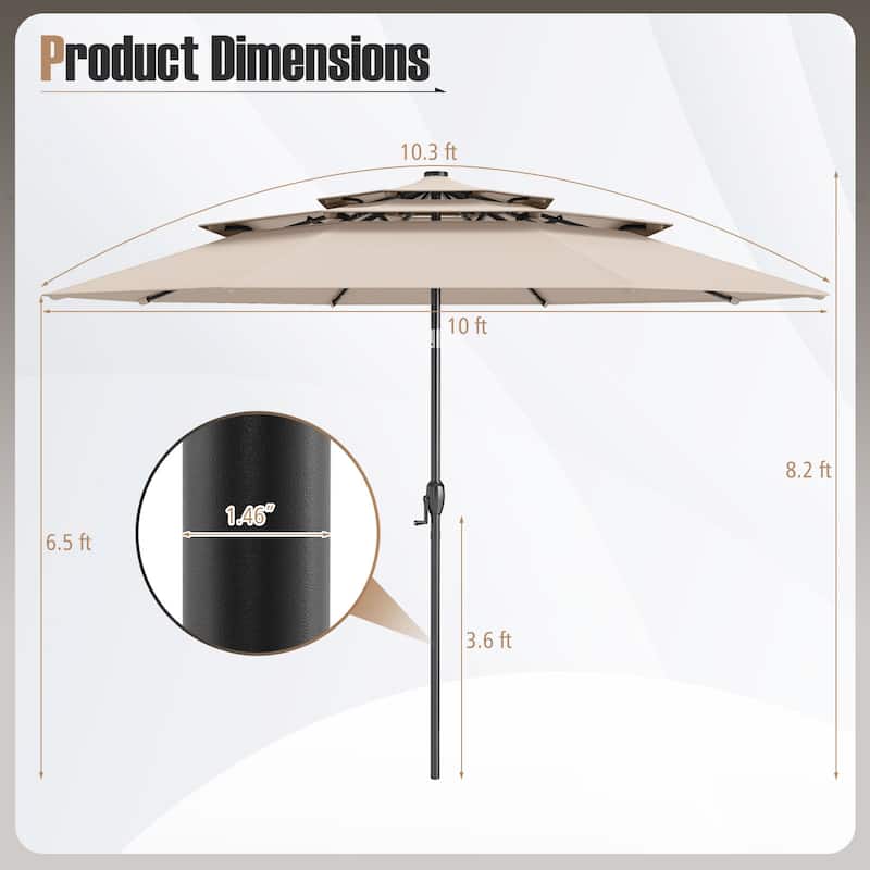 Gymax 10 FT Solar Patio Umbrella w/ 32 LED Lights 3-Tier Vented Top