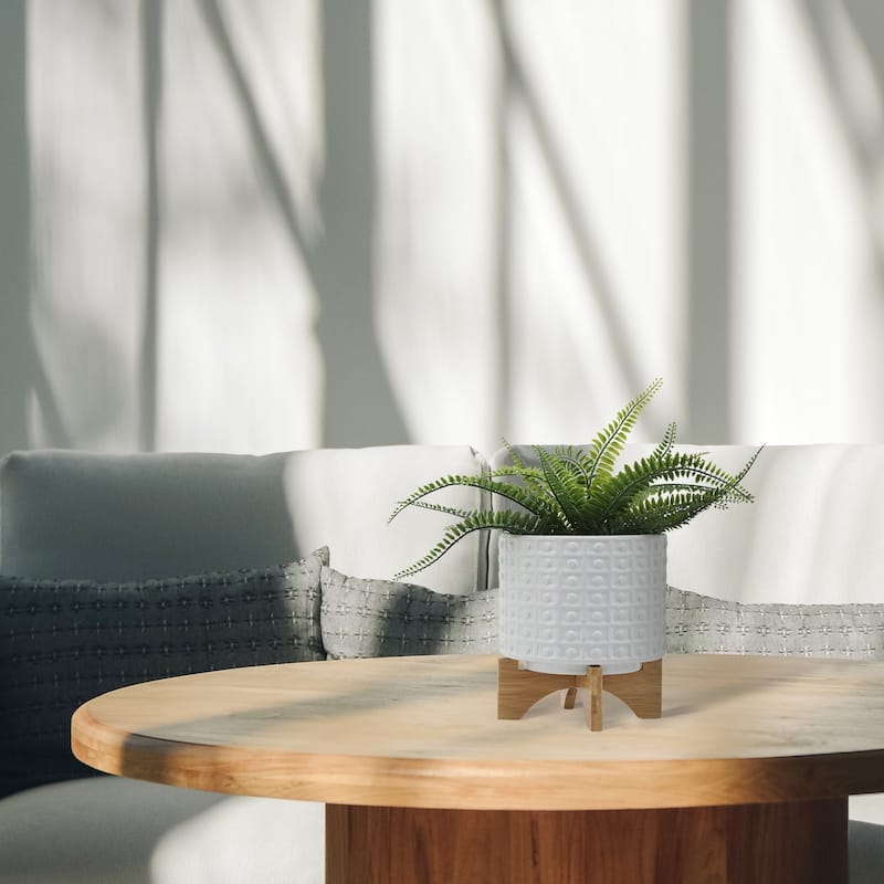 Sagebrook Home Handmade Ceramic Planter Pot with Natural Wood Stand