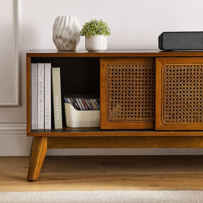 59" Mid-Century Modern TV Stand with Solid Wood Feet & Rattan Door for 65" TV