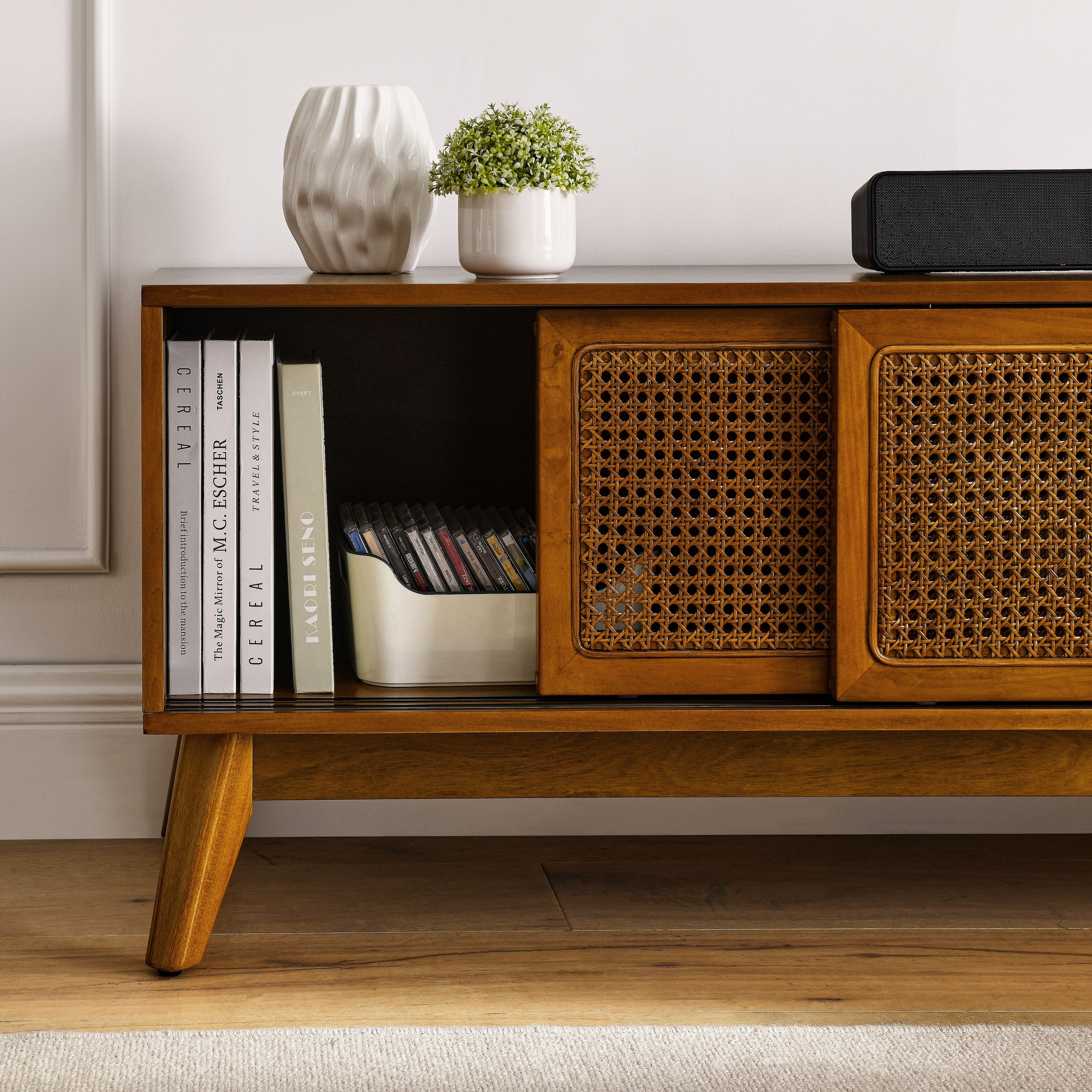 Mid Century Modern Rattan TV Stand for 65 Inch TV Entertainment Cabinet Media Console On Sale Bed Bath Beyond 39700768