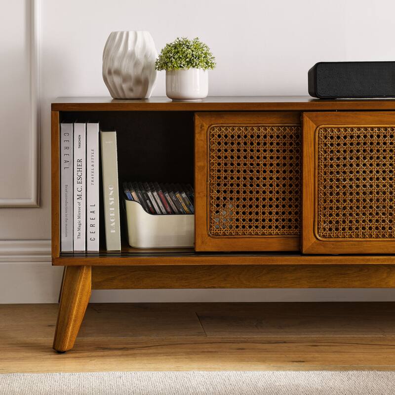 Mid-Century Modern Rattan TV Stand, for 65 Inch TV with Rattan Cabinet Doors and Solid Wood Feet, for Living Room